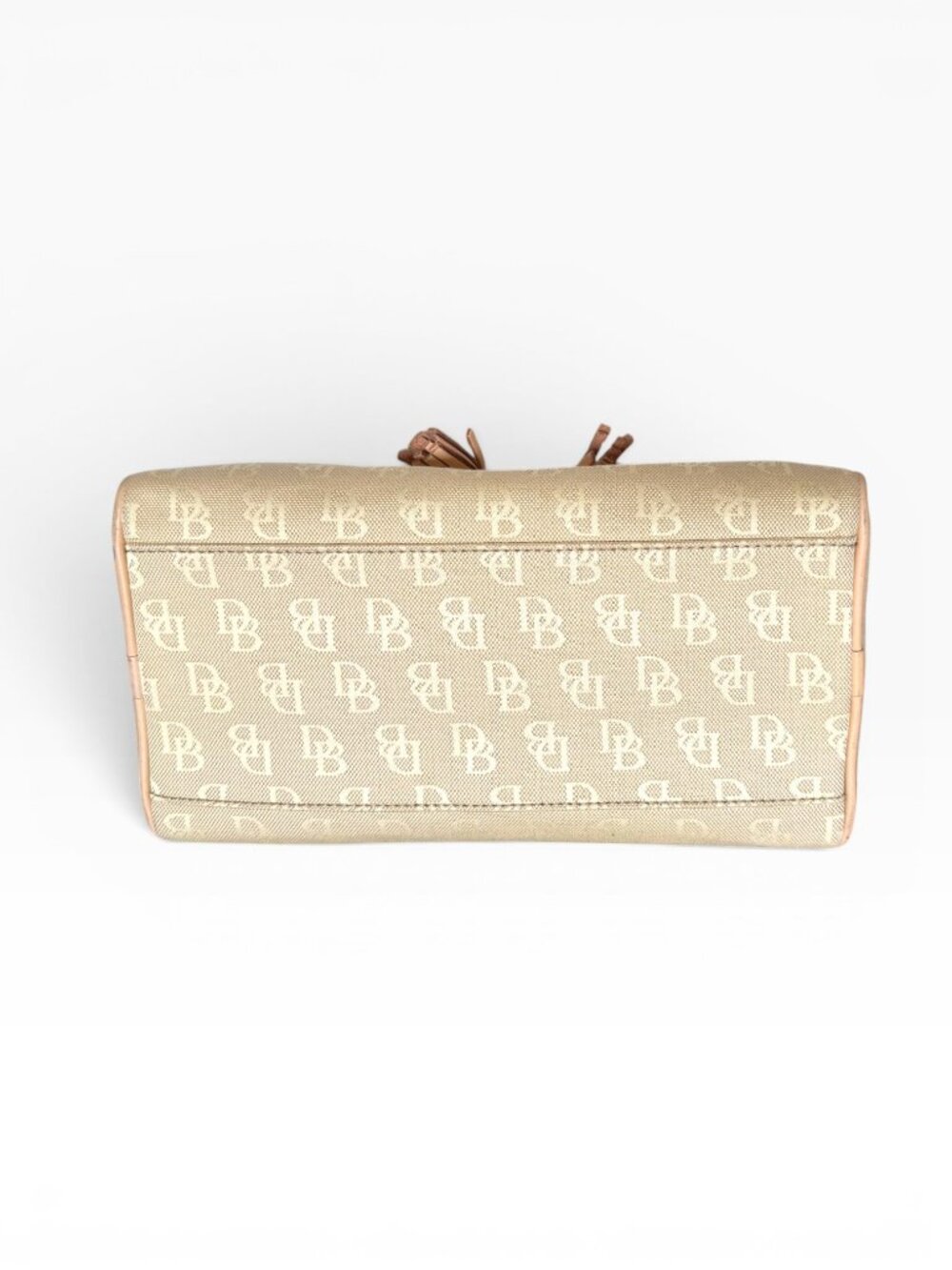 Dooney & Bourke Beige DB Monogram Canvas Bowler Satchel Leather Tassel Charm Bag - Picture 12 of 12